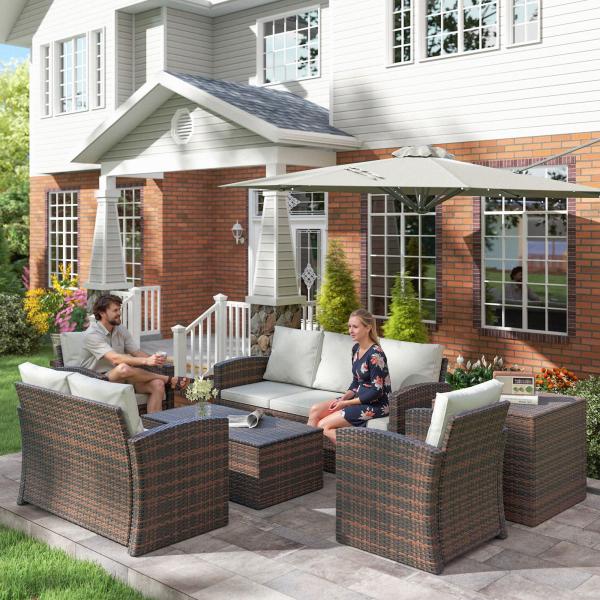 Conjunto de Jardim Exterior de Vime 6 Peças Almofadas Sofá Duplo Sofá de 3 Lugares 2 Poltronas 2 Mesas Auxiliares Bege