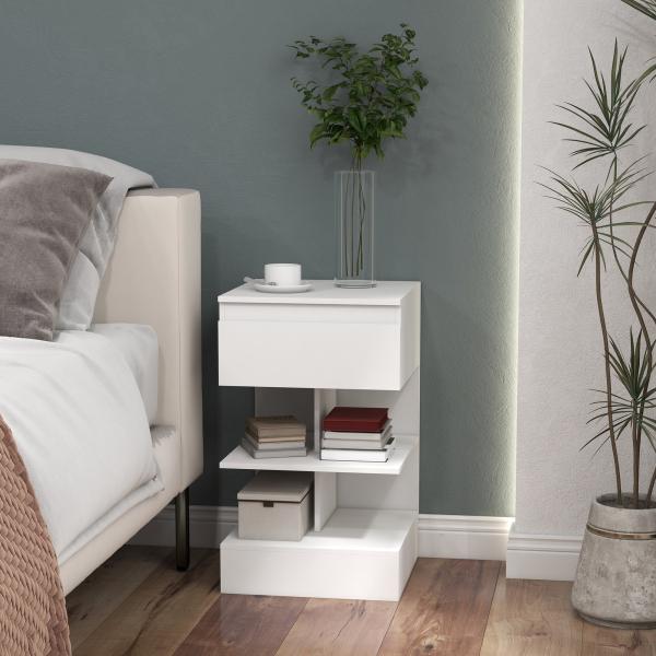 Mesa de Cabeceira Mesa Auxiliar com 1 Gaveta e 2 Prateleiras Abertas para Quarto Sala Estilo Moderno 39x39x65 cm Branco