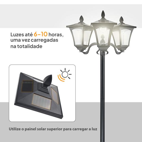 Candeeiro Solar de Jardim com 3 Luzes LED Impermeável IP44 Sensor de Noite Candeeiro de Exterior 51,5x47x182,5cm Preto