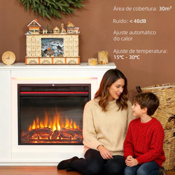 Lareira Elétrica com Efeito de Chama de 5 Níveis de Brilho e 12 Cores Decorativa 1000/2000W Temporizador para 30 m² 98x25x80 cm Branco