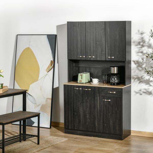 Armário de Cozinha Aparador de Sala de Jantar com 1 Gaveta 6 Portas e Prateleiras Ajustáveis Estilo Moderno 101x39x180 cm Preto e Madeira