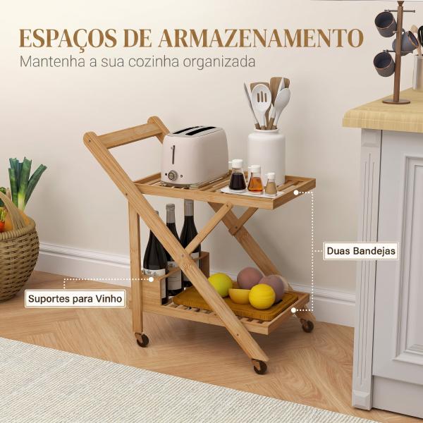 Carrinho de Cozinha em Bambu com Rodas, Dobrável, Garrafeira, 2 Prateleiras, 66x40x70 cm, Natural
