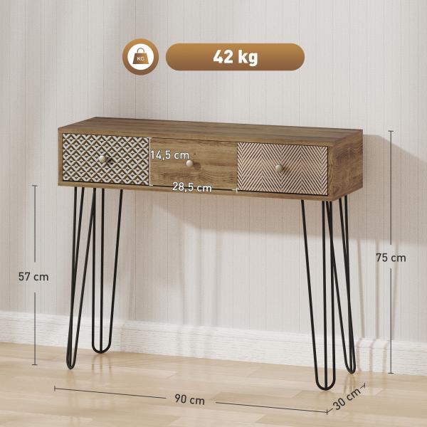 Mesa Consola com 3 Gavetas Consola Estreita para Entrada com Pés de Aço 90x30x75 cm Madeira