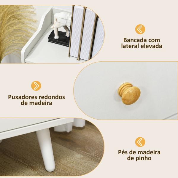 Aparador Sala de Estar Moderno com 2 Portas 3 Gavetas e Pés de Madeira de Pinho 90x32x80 cm Branco