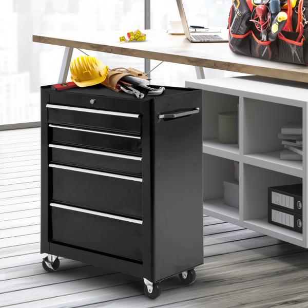 Carrinho de Ferramentas para Oficina com Rodas e 5 Gavetas Fechadura e Alça Lateral 61,5x33x85 cm Preto