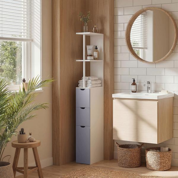 Armário Alto para Casa de Banho com 2 Prateleiras 1 Porta e 2 Gavetas 15x33x136 cm Branco