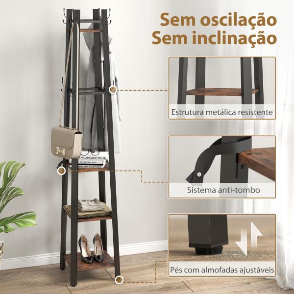 Cabideiro de Pé com 4 Níveis 4 Prateleiras 8 Ganchos com Estrutura Metálica para Pendurar Roupas e Chapéus Marrom Rústico