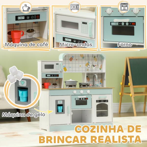 Cozinha de Madeira para Crianças com Sons Lavatório Micro - Ondas Máquina de Gelo e Acessórios 88,6x31,7x90,4 cm Branco