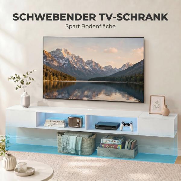 Móvel de TV Suspenso com Luzes LED e Estantes Abertas para Televisão até 75'' 177,8x30x18 cm Branco