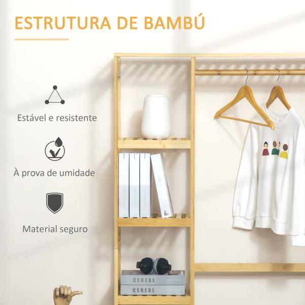 Suporte para Cabides de Bambu Cabideiro com Prateleiras de 4 Níveis com Barra Prateleira Inferior e Cabide Lateral 90x30x155cm Madeira