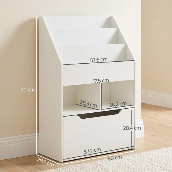 Estante de Madeira para Brinquedos com 3 Compartimentos 2 Cubos e Gaveta Móvel com 4 Rodas Estante para Livros Infantil para Dormitório Infantil Sala de Jogos 60x29,9x90cm Branco