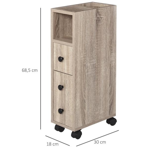 Armário de Casa de Banho para Espaço Reduzido com Rodas Prateleiras Abertas Armário e Gaveta 18x30x68,5 cm Madeira