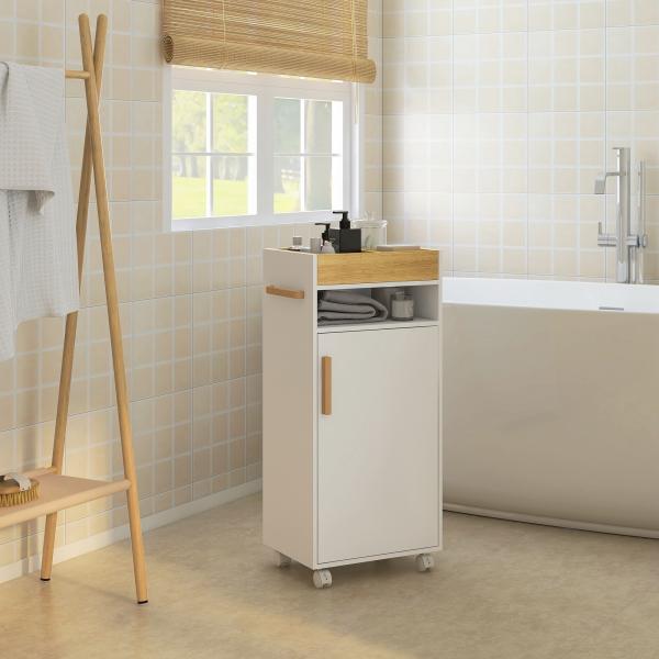Armário Casa de Banho Moderno com Prateleiras Ajustáveis Armário Bandeja Amovível e Rodas 40x30x88 cm Branco e Carvalho