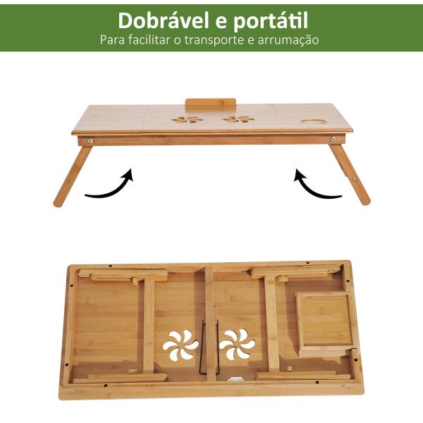 Mesa de Computador Portátil de Bambu Dobrável Reclinável e Altura Ajustável Mesa Auxiliar com1 Gaveta 72x35x22 - 30 cm Madeira