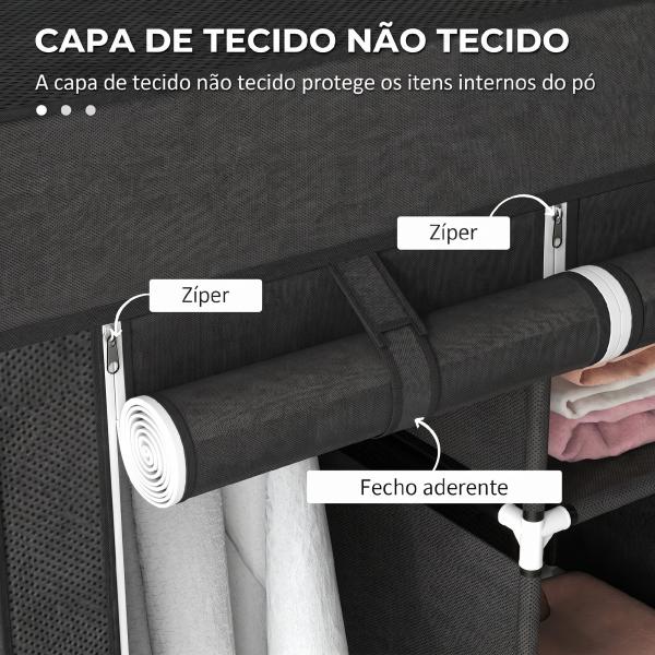 Roupeiro de Tecido com 2 Varões 5 Prateleiras 3 Gavetas Fecho de Correr Estrutura de Aço 125x43x162,5 cm Preto