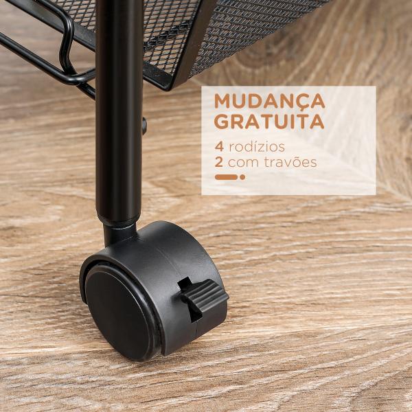 Carrinho Auxiliar com Rodas de 5 Níveis com Cestos de Malha Removíveis e Estrutura de Aço 45x26,5x106 cm Preto