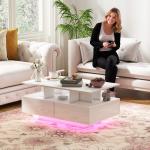 Mesa de Centro Moderna com LED 4 Gavetas Prateleira Aberta e Luzes LED de 16 Cores 90x55x41 cm Branco Brilhante