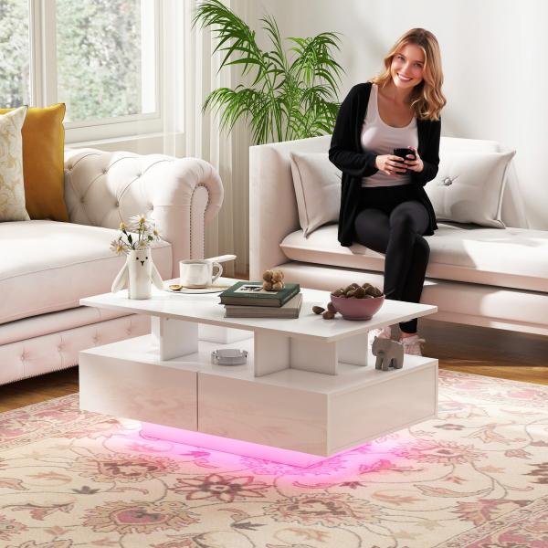 Mesa de Centro Moderna com LED 4 Gavetas Prateleira Aberta e Luzes LED de 16 Cores 90x55x41 cm Branco Brilhante