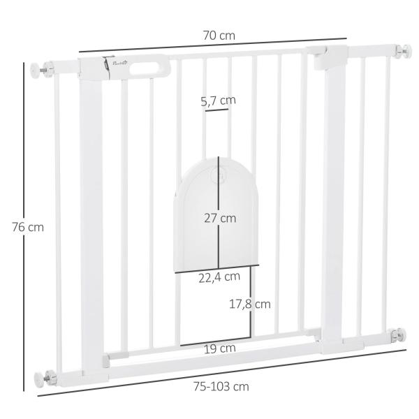 Barreira de Segurança de Cães Animais de Estimação para Escadas e Portas 75 - 103cm com 2 Extensões Fechamento Automático e Sistema de Duplo Bloqueio Aço Branco