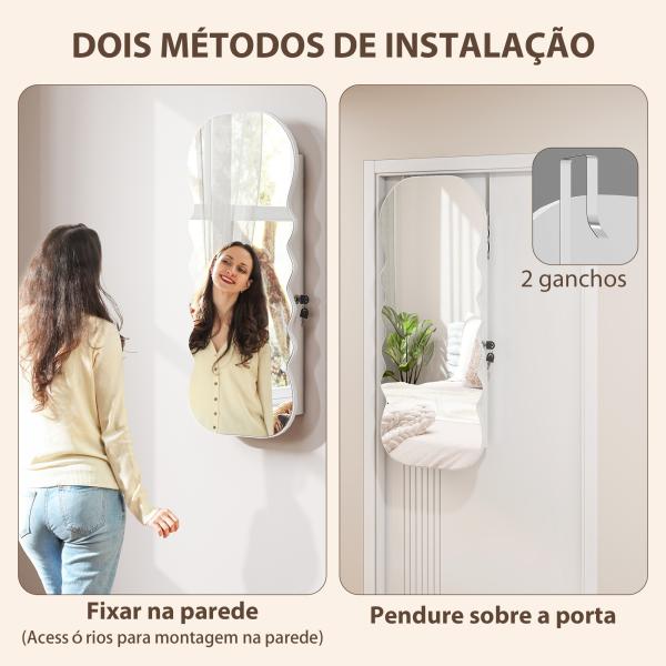 Espelho - Joalheiro com Luz LED Montado na Parede ou na Porta com Fechadura, Espelho de Corpo Inteiro Branco