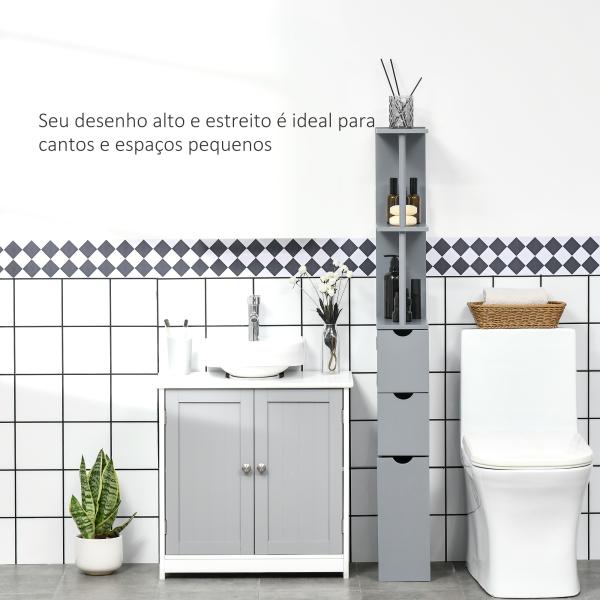 Coluna de Casa de Banho Moderno Móvel Auxiliar com 2 Prateleiras, 2 Gavetas e 1 Porta Anti - queda 15x33x136,8 cm Cinzento