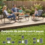 Conjunto de Jardim Exterior com 1 Sofá de 2 Lugares 2 Poltronas e Mesa com Tampo de Vidro Temperado Textilene Respirável Cinzento