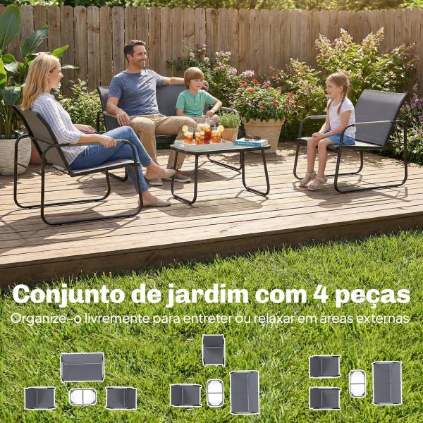 Conjunto de Jardim Exterior com 1 Sofá de 2 Lugares 2 Poltronas e Mesa com Tampo de Vidro Temperado Textilene Respirável Cinzento