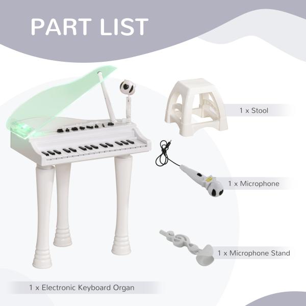 Piano Eletrónico para Crianças com 32 Teclas Microfone Luzes 22 Músicas 4 Tons e Volume Ajustável 37x30,5x60,4 cm Branco