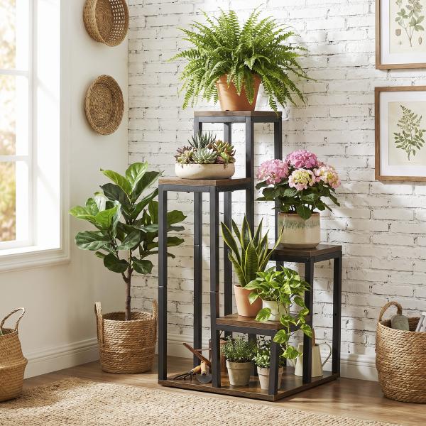 Suporte para Plantas de 4 Níveis com Base, Estante para Vasos para Interior e Exterior, 40x40x81 cm, Castanho