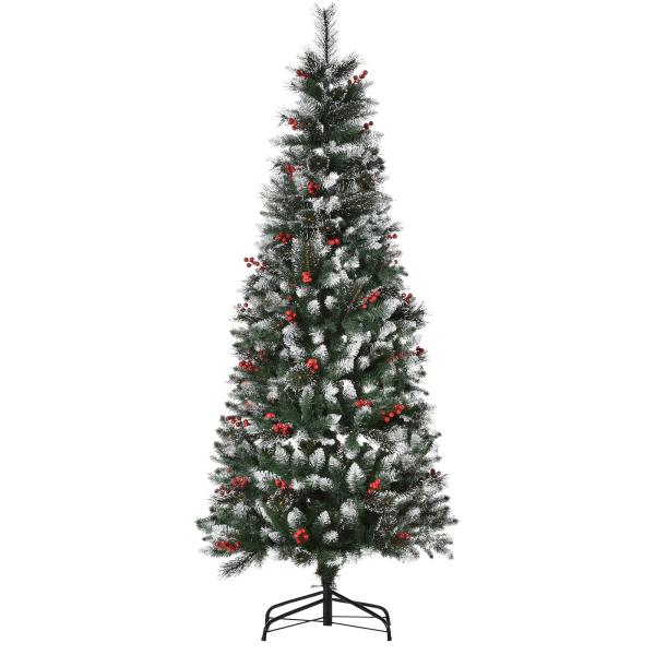 Árvore de Natal Artificial 180cm Ignífugo com 539 Ramos 51 Bagas Folhas de PVC Base Dobrável e Suporte Metálico Verde