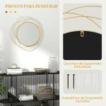 Espelho Decorativo de Parede Adorno de Parede Metálico Ø65 cm com Ganchos para Sala de Estar Quarto Corredor Dourado