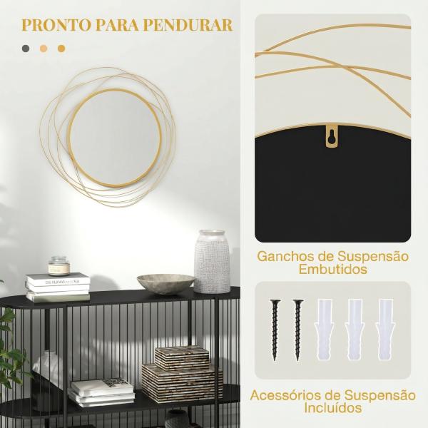 Espelho Decorativo de Parede Adorno de Parede Metálico Ø65 cm com Ganchos para Sala de Estar Quarto Corredor Dourado