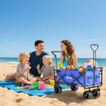 Carrinho de Transporte Dobrável para Praia Campismo Viajem com Toldo Guiador Rodas Altura Ajustável 117x55x98 cm Azul