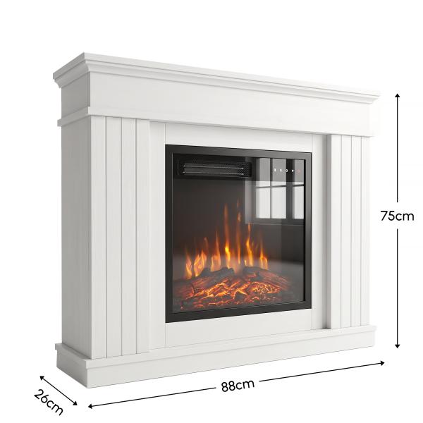 Lareira Elétrica Decorativa 1800W com Prateleira, Efeito de Chama, 5 Níveis de Brilho, Termóstato, Temporizador e Comando, para TV até 38", Branco