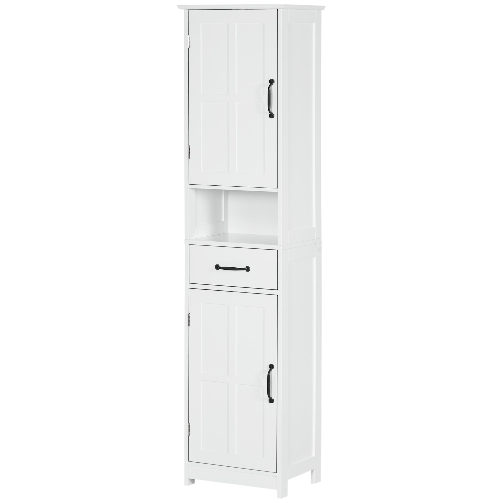 Coluna de Casa de Banho com 2 Portas 1 Gaveta Prateleira Aberta e Prateleiras Ajustáveis 40x30x164 cm Branco