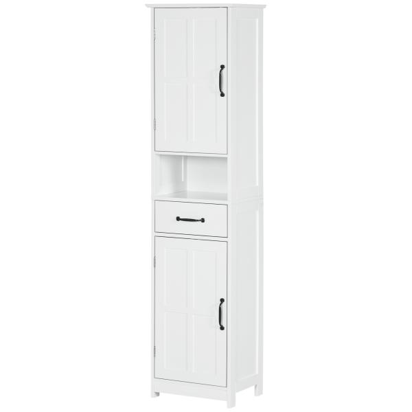 Coluna de Casa de Banho com 2 Portas 1 Gaveta Prateleira Aberta e Prateleiras Ajustáveis 40x30x164 cm Branco