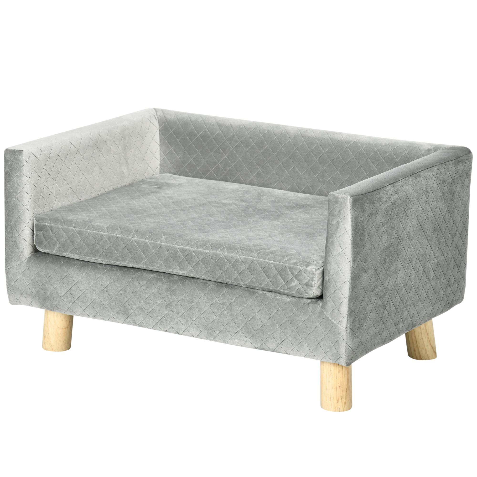 Sofá para Cães Pequenos 64x45x36 cm em Veludo com Almofada Lavável e Pés em Madeira de Bétula Cinzento Escuro