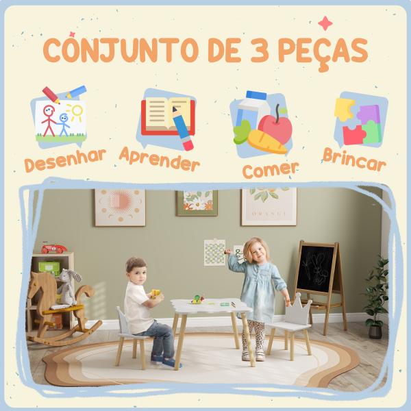 Mesa Infantil com 2 Cadeiras com Encosto em Forma de Coroa para Crianças de 3 - 6 Anos para Sala de Jogos Dormitório Branco