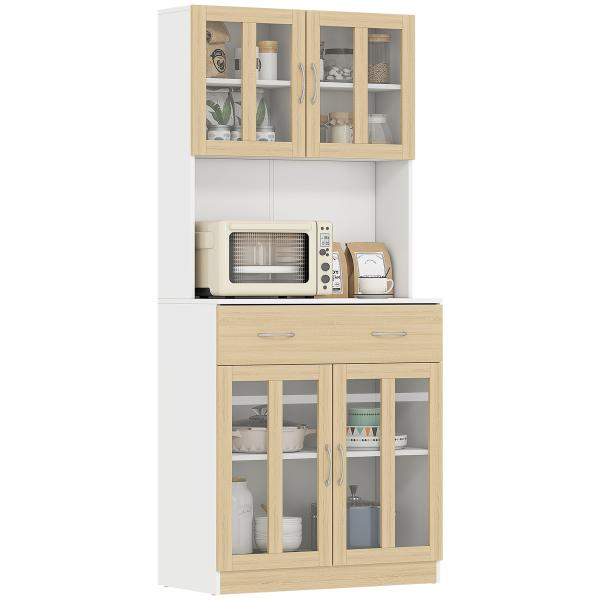 Aparador de Cozinha com 4 Portas de Vidro Bancada Aberta para Micro - Ondas 80x40x180 cm Branco e Madeira