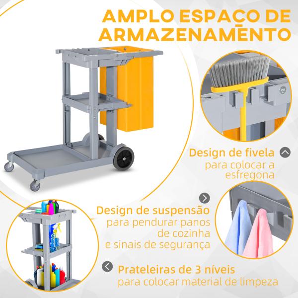 Carro de Limpeza com Bolsa de 100L Carro de Limpeza Profissional com 3 Prateleiras e Plataforma 121x50,5x96,5 cm Cinza e Amarelo