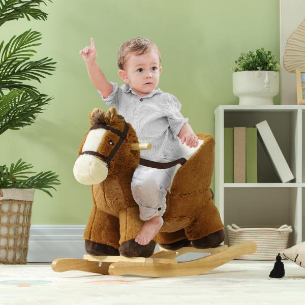 Cavalo Baloiço para Crianças de 18 - 36 Meses com Sons Cinto de Segurança e Base de Madeira Carga 25 kg 68x33x45 cm Marrom