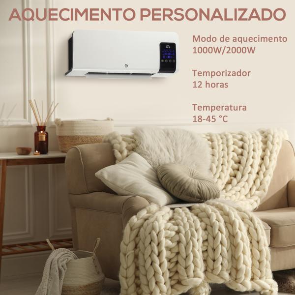 Aquecedor Elétrico de Parede 1000W/2000W Aquecedor com Ecrã LED Controlo Remoto Termostato Temporizador 54,5x12x21,5cm Branco