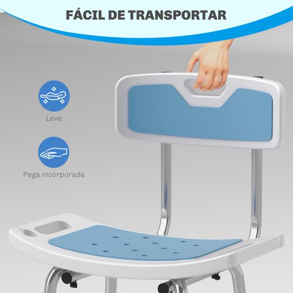Cadeira de Duche para Idosos com Encosto e Altura Ajustável em 6 Níveis, Carga Máxima de 136 kg Azul Claro e Branco