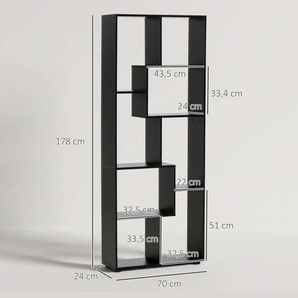 Estante Moderna Biblioteca Estreita com 8 Prateleiras para Sala Quarto e Escritório 70x24x178 cm Preto