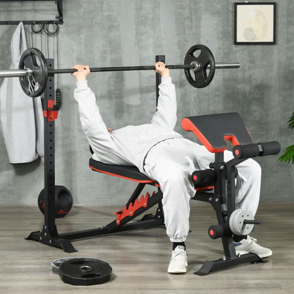 Banco de Musculação Multifuncional Banco de Pesos com Encosto Reclinável e Suporte de Barras Ajustável 180x110x126 cm Preto