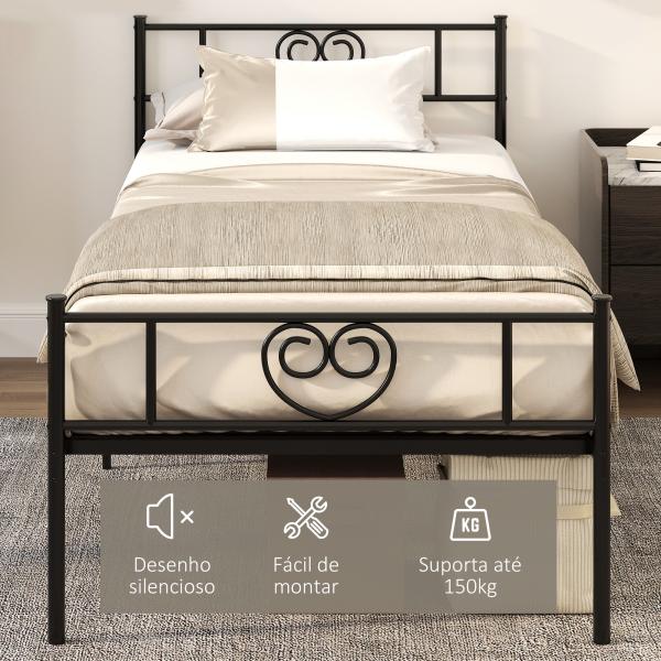 Estrutura de Cama Individual de Metal 31cm para Colchão 90x190cm com Cabeceira com Forma de Coração Estrutura de Cama com Espaço em Baixo de Armazenamento 95x196x100cm Preto