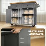 Ilha de Cozinha com Rodas 2 Gavetas 4 Portas Suporte para Temperos e Barra Lateral 111x44,5x82,5 cm Cinzento e Madeira