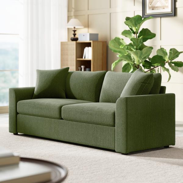 Sofá de 3 Lugares Sofá Sala de Estar 212x80x88 cm Estofado em Veludo Canelado com 2 Almofadas Desenho Moderno Verde