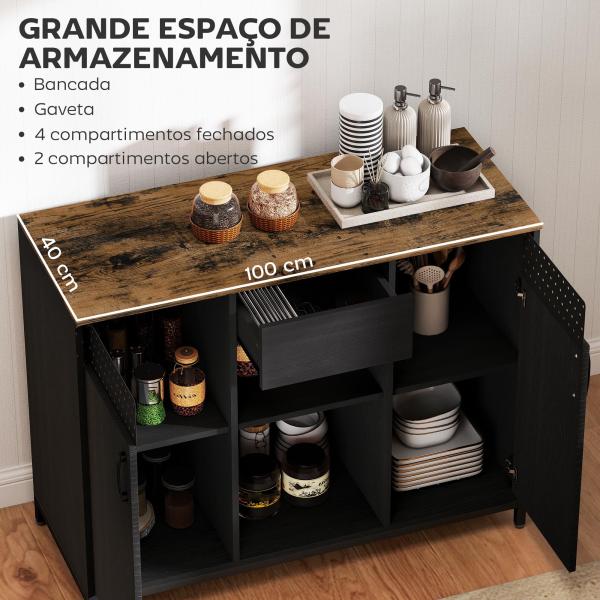 Aparador de 2 Portas com Orifícios 2 Compartimentos e Gaveta Prateleiras Ajustáveis 100x40x80 cm Preto e Castanho Rústico