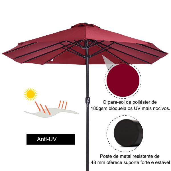 Chapéu de Sol Duplo 4,55x2,68x2,38 m Chapéu de Sol de Jardim com Manivela Manual Resistente à Água e com Proteção Solar UV para Terraço Pátio Vinho